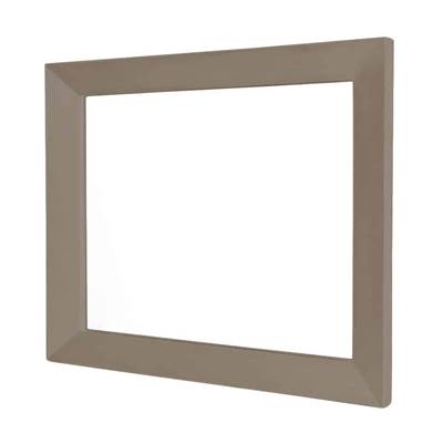 Large rectangular mirror with taupe-colored frame and reflective center.