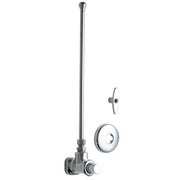 Chrome angle stop valve with extended vertical supply tube and escutcheon plate components.