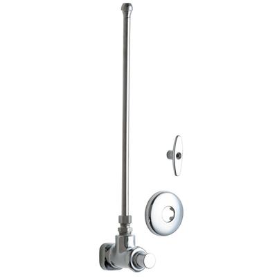 Chrome angle stop valve with extended vertical supply tube and escutcheon plate components.