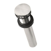Polished nickel dome drain with push-to-seal mechanism and cylindrical body with black rubber ring.