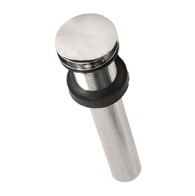 Polished nickel dome drain with push-to-seal mechanism and cylindrical body with black rubber ring.