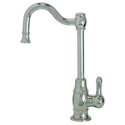 Polished nickel point-of-use water dispenser faucet with curved spout and single lever handle.