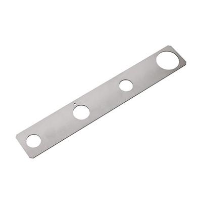 Chrome mounting plate with four circular holes and raised base plate on right end.