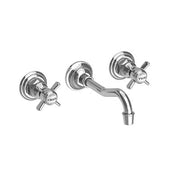 Chrome wall-mount bathroom faucet with curved spout and dual cross handles.