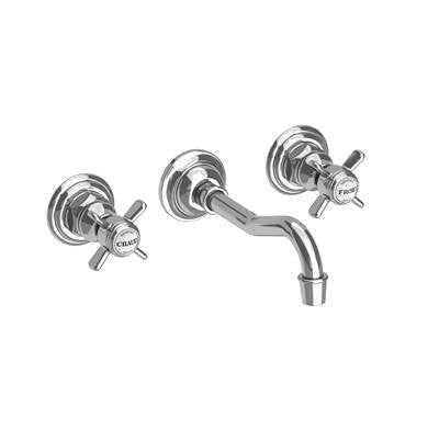 Chrome wall-mount bathroom faucet with curved spout and dual cross handles.