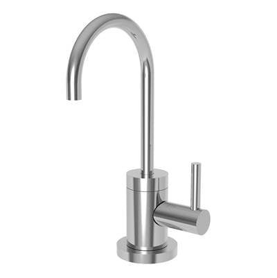 Polished chrome cold water dispenser with curved gooseneck spout and single lever handle on circular base.
