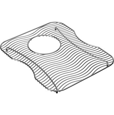 Stainless steel sink grid with parallel slats and center circular opening, mounting points at corners.
