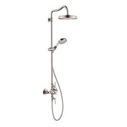 Polished nickel shower system with overhead rainfall showerhead, handheld spray, and wall-mounted valve controls.