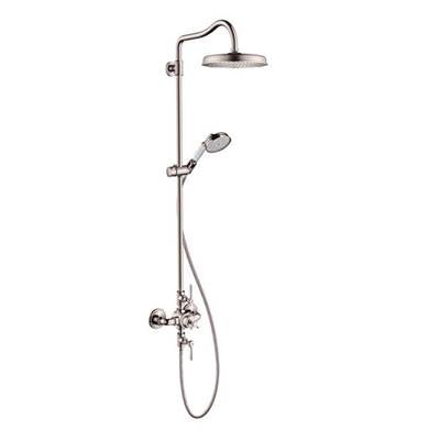Polished nickel shower system with overhead rainfall showerhead, handheld spray, and wall-mounted valve controls.
