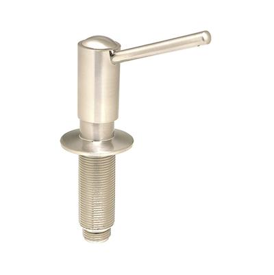Brushed bronze soap dispenser with cylindrical pump body and side-mounted lever spout.