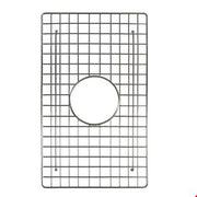 Stainless steel sink grid with square pattern and circular drain opening cutout.