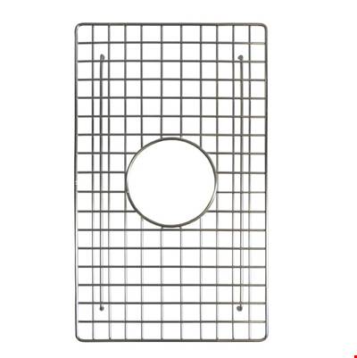 Stainless steel sink grid with square pattern and circular drain opening cutout.