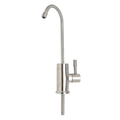 Brushed stainless steel point of use drinking faucet with curved spout and single lever handle.