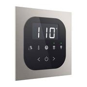 Brushed nickel square steam shower control panel with digital display showing 110 degrees and touch buttons.