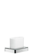 Chrome toothbrush holder with white ceramic cup on rectangular metal base.