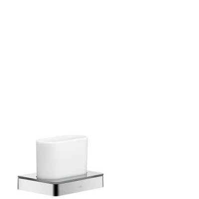 Chrome toothbrush holder with white ceramic cup on rectangular metal base.