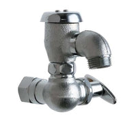 Chrome and gray metal sill fitting with angled outlet spout and drain plug valve on white background.