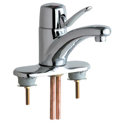 Chrome single-lever sink faucet with curved spout and three-hole mount with copper supply lines.
