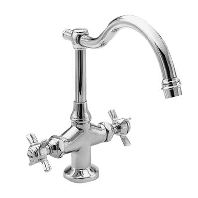 Chrome bar faucet with curved spout, dual cross handles, and round base mounting.