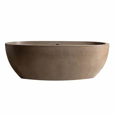 Earth-toned freestanding bathtub with curved sides and rounded interior, shown from side angle.