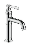 Chrome single-hole bathroom faucet with tall cylindrical body, curved spout, and lever handle.