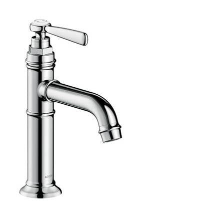 Chrome single-hole bathroom faucet with tall cylindrical body, curved spout, and lever handle.