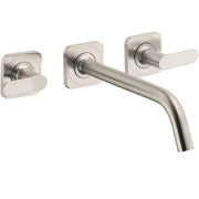 Brushed nickel wall-mounted faucet with curved spout and two square lever handles on separate mounting plates.
