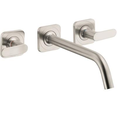 Brushed nickel wall-mounted faucet with curved spout and two square lever handles on separate mounting plates.
