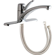 Chrome single-lever kitchen sink faucet with curved spout and flexible stainless steel supply hoses.