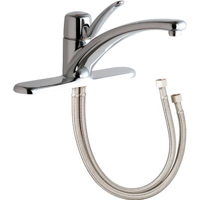 Chrome single-lever kitchen sink faucet with curved spout and flexible stainless steel supply hoses.