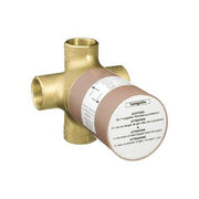 Brass 3-way diverter valve with threaded ports and tan cartridge body with white label.