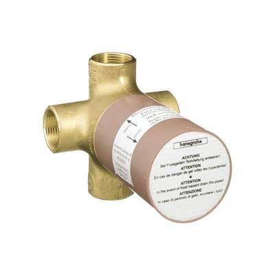 Brass 3-way diverter valve with threaded ports and tan cartridge body with white label.