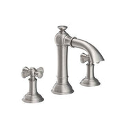 Three-piece chrome widespread bathroom sink faucet with tall center spout and two cross-handle side valves.