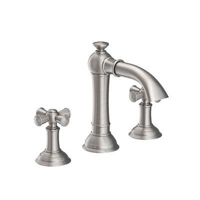 Three-piece chrome widespread bathroom sink faucet with tall center spout and two cross-handle side valves.