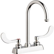 Chrome workboard sink faucet with dual white lever handles and arched gooseneck spout.