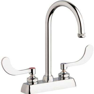 Chrome workboard sink faucet with dual white lever handles and arched gooseneck spout.