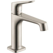 Brushed nickel single-hole bathroom faucet with angled spout and lever handle.
