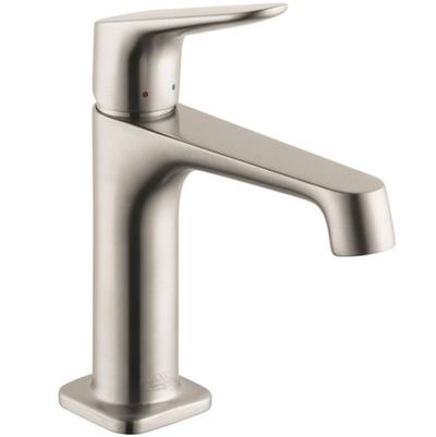 Brushed nickel single-hole bathroom faucet with angled spout and lever handle.