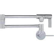 Chrome wall-mounted pot filler with articulating arm and lever handle.