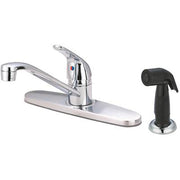 Chrome single-handle kitchen faucet with curved spout and separate black side spray attachment on white base.