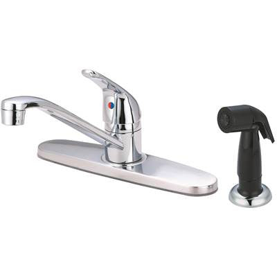 Chrome single-handle kitchen faucet with side spray and stainless steel sink deck plate.