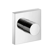 Chrome shower valve trim with cylindrical handle on square escutcheon plate.