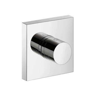Chrome shower valve trim with cylindrical handle on square escutcheon plate.
