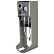 Gray Mr. Steam aroma steam system with control dial, clock display, and attached white hose dispenser.