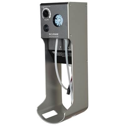 Gray Mr. Steam aroma steam system with control dial, clock display, and attached white hose dispenser.