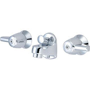 Polished chrome two-handle lavatory faucet with shelf back mounting and circular handles on left and right sides.