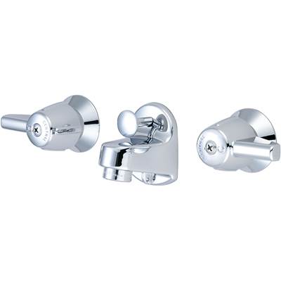 Polished chrome two-handle lavatory faucet with shelf back mounting and circular handles on left and right sides.