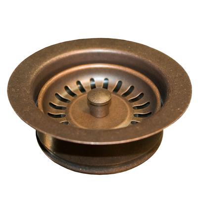 Weathered copper garbage disposer trim ring with fan-shaped strainer basket and center post.