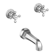 Chrome wall mount roman tub filler trim with two handle valves and curved spout.