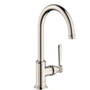 Polished nickel single-hole faucet with tall curved spout and lever handle.